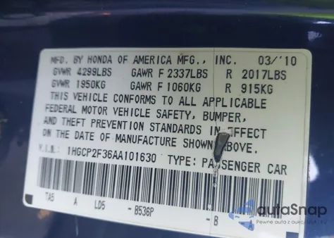 2010 Honda Accord 2.4 Lx from USA, damaged, VIN 1HGCP2F36AA101630